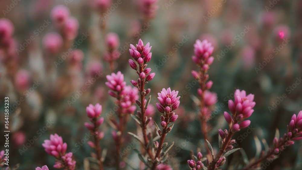 Macro image showcasing pink heather flowers in a natural setting Macro image showcasing pink heather flowers in a natural setting