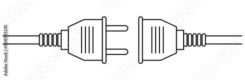 Vector line art of a power outlet with a plug. The plug and outlet are unplugged. The circuit breaker cable is on a transparent background.