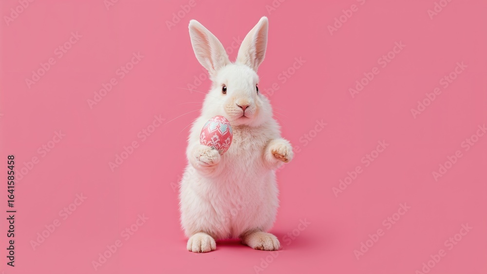 Obraz premium Spring celebration with a bunny and a colorful egg on a pink setting