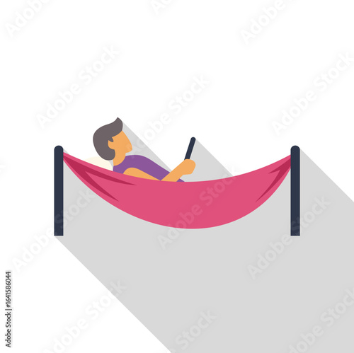 Man is lying in hammock, using smartphone, enjoying leisure time
