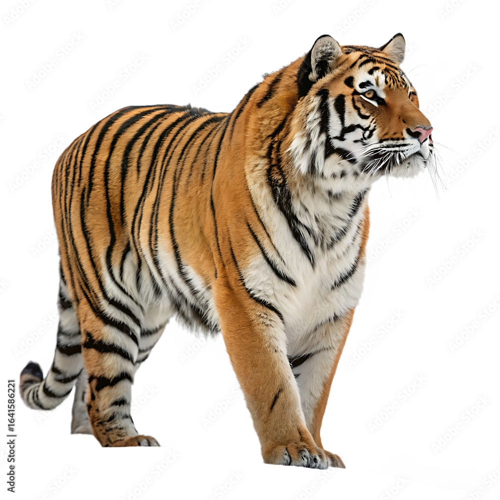 Fototapeta premium Majestic bengal tiger standing proudly against a stark black background showcasing its powerful build and striking orange and black stripes
