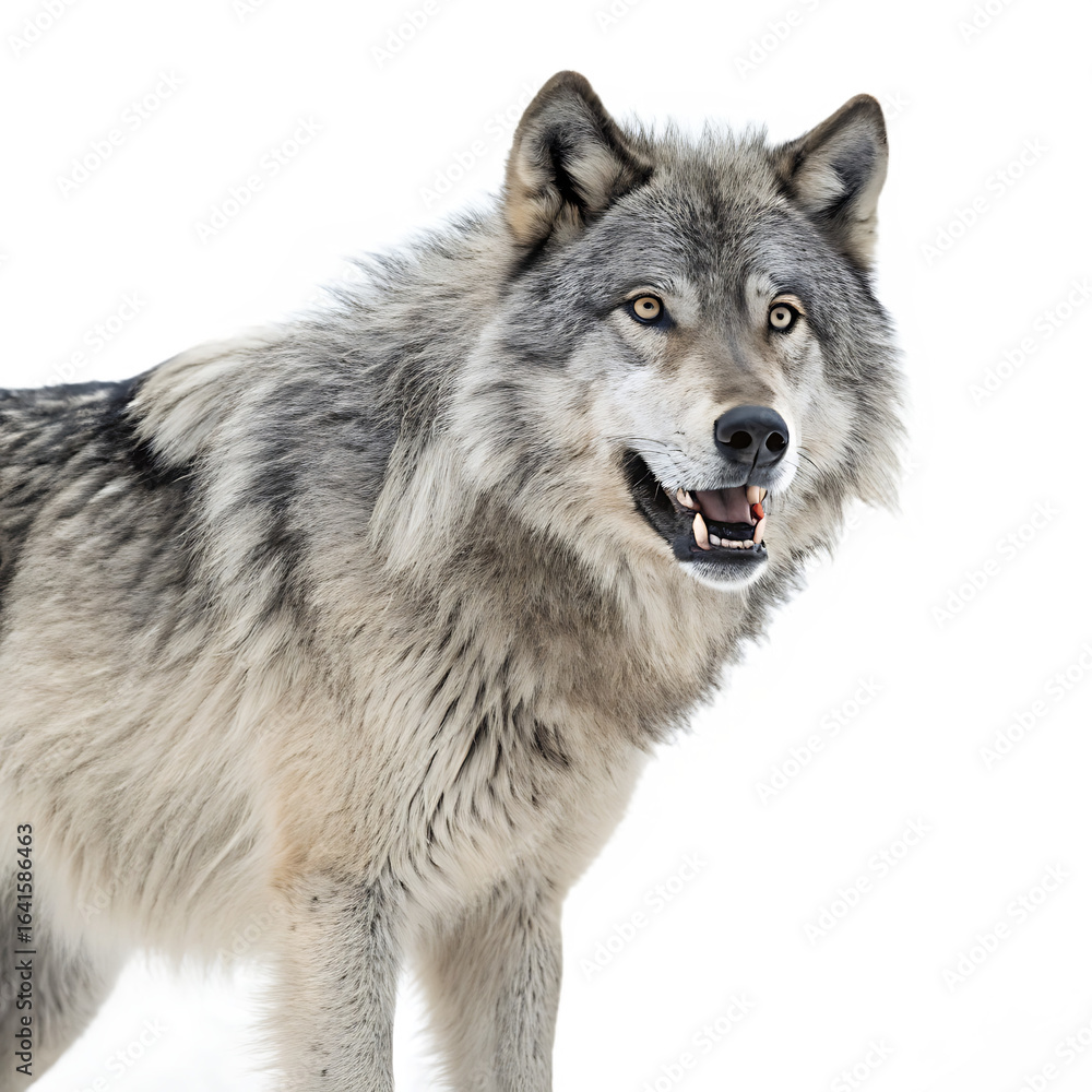 Obraz premium Majestic gray wolf portrait with intense gaze against a stark black background capturing its wild spirit and fierce beauty