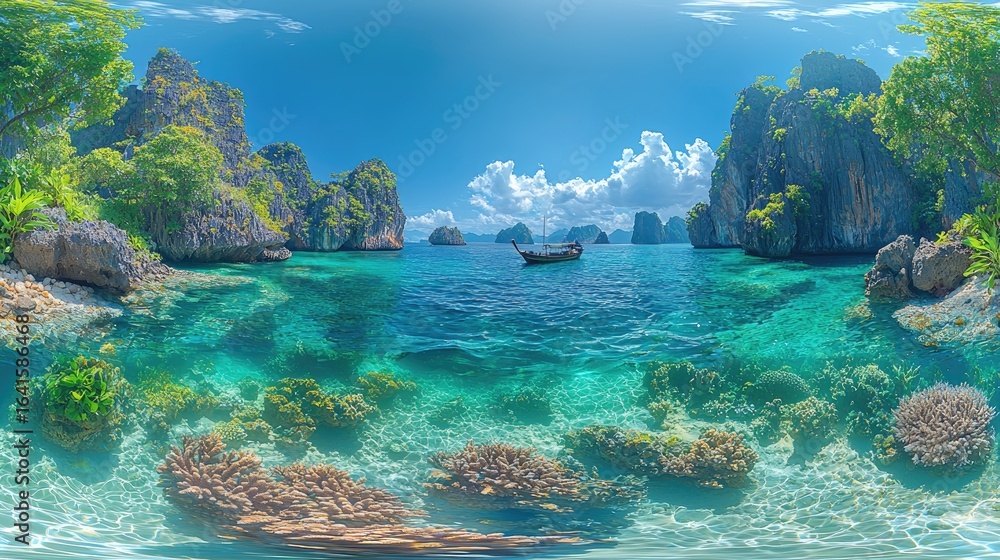 Fototapeta premium A Serene Tropical Lagoon with a Boat and Vibrant Coral Reef