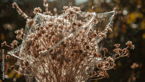 Cobweb-Covered Dry Flowers in a Bright Garden