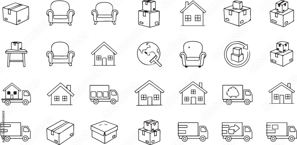 Moving and Shipping Icon Set in Line Style. Collection of 30 Editable Vector Icons Including Boxes, Trucks, Furniture, and Homes for Relocation and Delivery Services Moving and Shipping Icon Set in Line Style. Collection of 30 Editable Vector Icons Including Boxes, Trucks, Furniture, and Homes for Relocation and Delivery Services