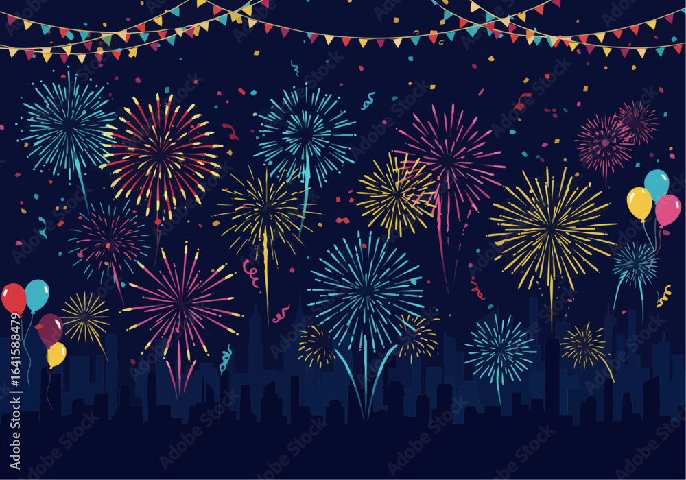 Fototapeta premium A vibrant illustration showcasing colorful fireworks exploding in a night sky above a city silhouette, with festive bunting and balloons.