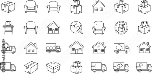 Moving and Shipping Icon Set in Line Style. Collection of 30 Editable Vector Icons Including Boxes, Trucks, Furniture, and Homes for Relocation and Delivery Services