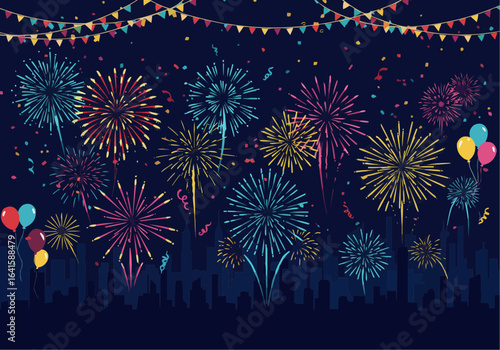 A vibrant illustration showcasing colorful fireworks exploding in a night sky above a city silhouette, with festive bunting and balloons.