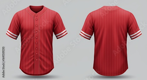 A red baseball jersey with white pinstripes and sleeve details shown from both front and back views