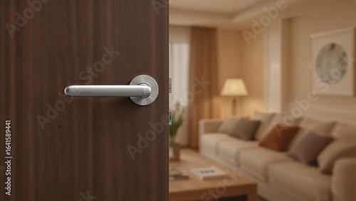 Digital access handle on a wooden door partially opened to a living room, emphasizing security features