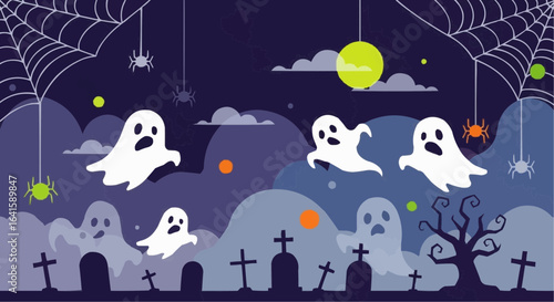 A whimsical Halloween illustration featuring several cartoon ghosts floating over a graveyard scene with cobwebs.