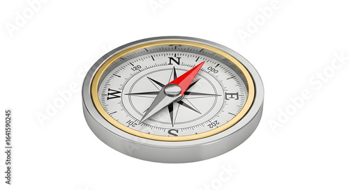 A classic brass and silver compass with a red needle pointing, representing navigation and direction, isolated on a transparent background