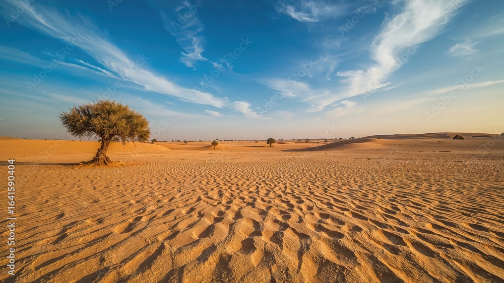 Naklejka premium Sun-drenched sandy terrain featuring scattered trees and a vast sky