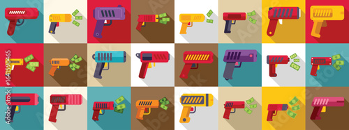 Money gun icons set. Cash guns shooting money icons set in flat style with long shadow on colorful square backgrounds