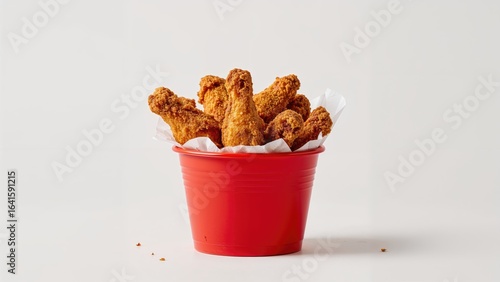 Delectable Crunchy Fried Chicken in a Petite Red Pail - Front-facing Image - Neutral Background - Close Range