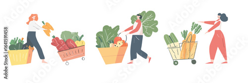 Group of diverse people carrying fresh organic vegetables in baskets and shopping carts concept of healthy lifestyle grocery shopping and local produce support minimalist vector illustration