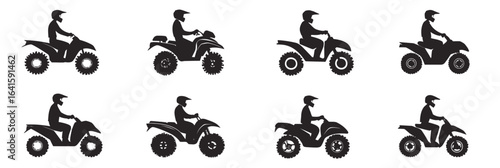 Set of eight black silhouette illustrations of quad bike riders in various riding positions on all terrain vehicles ATV minimalist flat vector design on white background