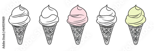 Vector illustration of five soft serve ice cream cones in waffle cones with minimalist line art and pastel colors in simple doodle style for dessert and summer themes