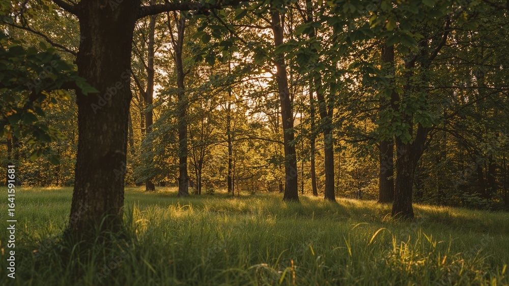 Obraz premium Blurred natural scenery with trees and grass in the daytime summer