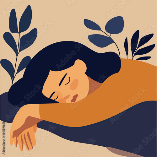 Sleeping woman resting head on arm with dark hair surrounded by leafy plants flat minimal vector art illustration of peaceful nap and relaxation concept