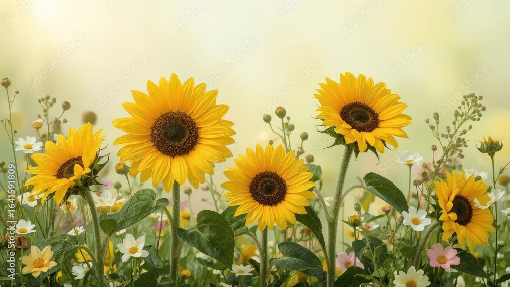 Obraz premium Bright yellow sunflowers blooming in a lush garden during spring