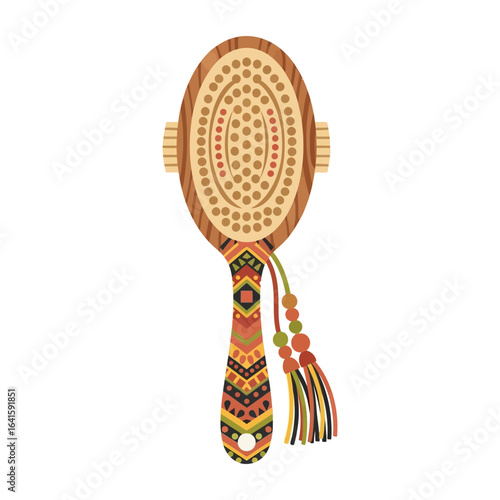 Oval hairbrush with wooden handle and bristles and decorative tassels attached.