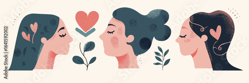 Three women profile portraits with hearts and leaves symbols representing mental health self care love acceptance and emotional wellbeing vector illustration