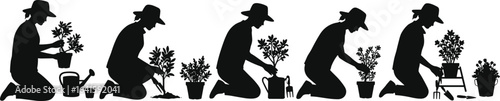 Gardening silhouette sequence, person planting flowers, potted plants care, watering plants, garden tools, planting flowers step by step process