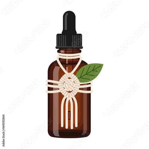 Brown glass bottle with dropper wrapped with string and a green leaf.