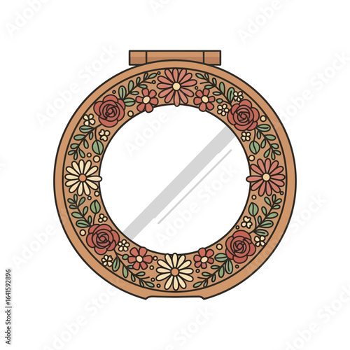 Round embroidery hoop with floral pattern and top hanging mechanism.
