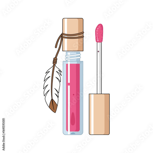 Pink lip gloss with applicator feather decoration and wooden cap illustration.