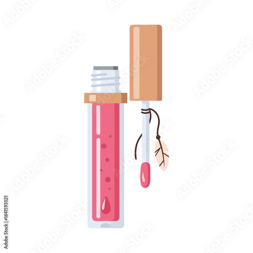 Pink lip gloss tube with applicator and cap open showing the wand.