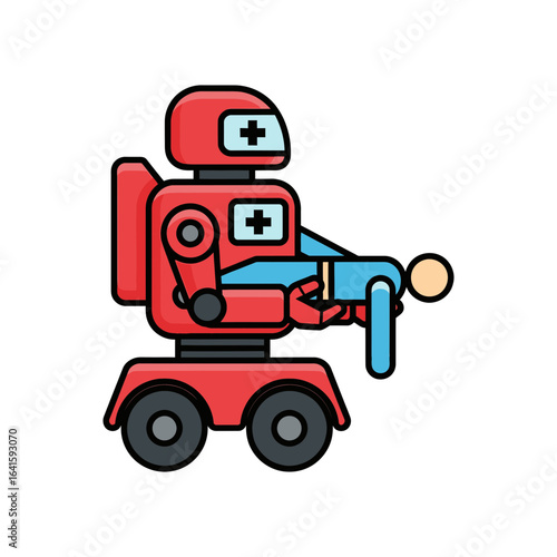 Red robot carrying a person with a medical symbol on its chest.