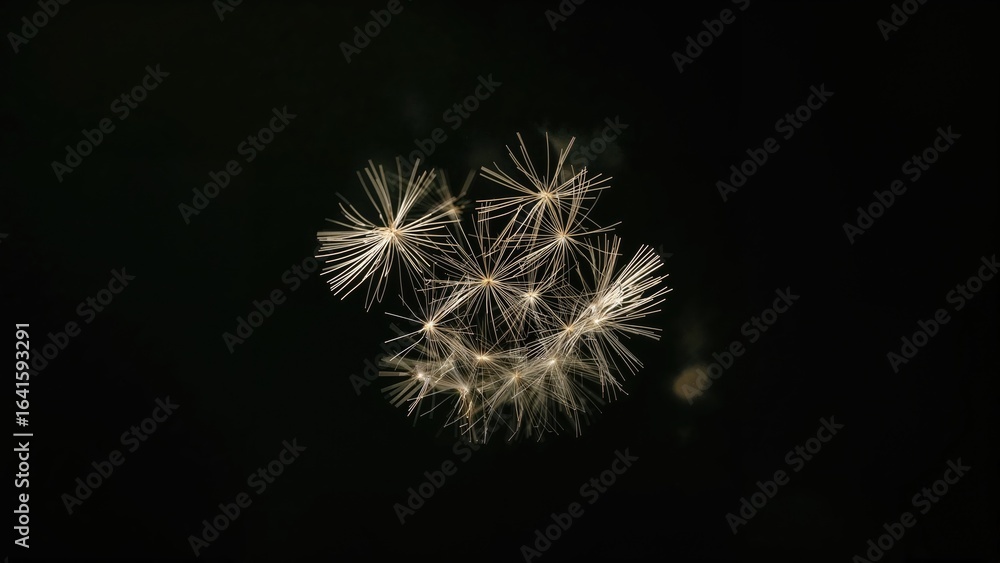 Fototapeta premium Seeds of dandelion scattering in the morning sun with a black background