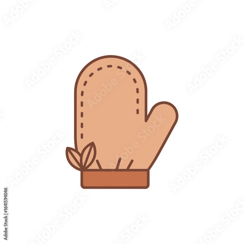 A tan oven mitt with brown trim and small leaf detail at the bottom.