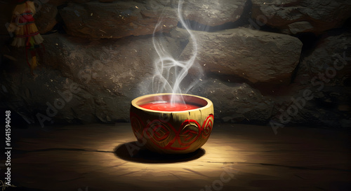 An Impressionist depiction of Ayahuasca (abstractly represented) in a bamboo cup in a Peruvian mountain shaman's dwelling. Ethereal lighting and 