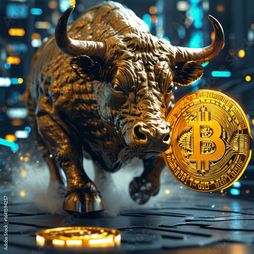 Bitcoin price, golden bull dashing into a giant golden bitcoin, futuristic network background, crypto currency bull market, crypto investment, digital gold, finance, crypto trading