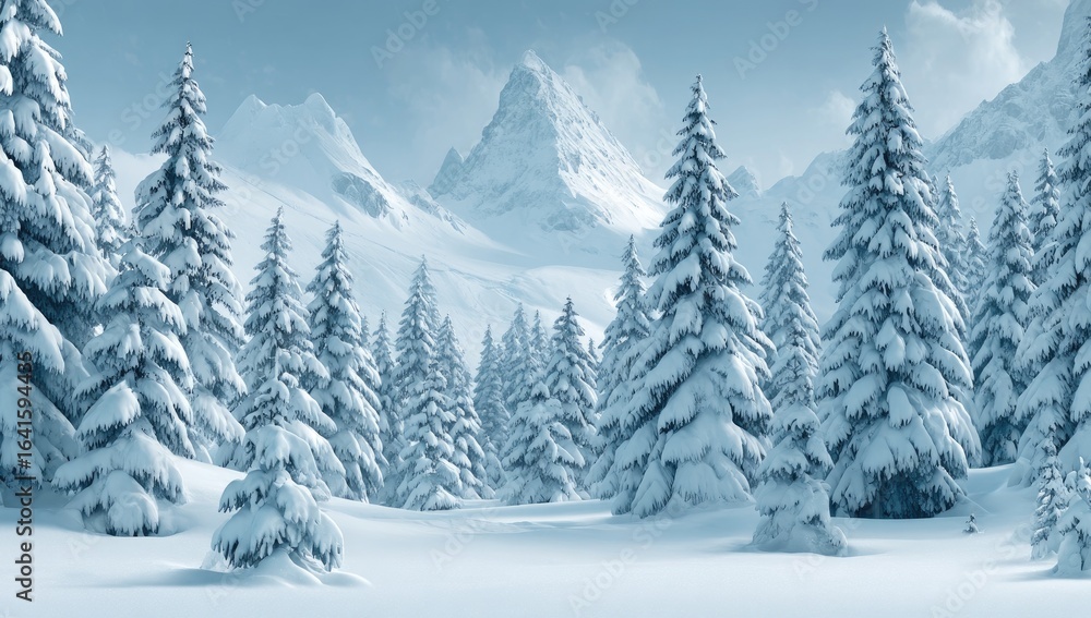 Fototapeta premium Snowy fir forest nestled in a mountain valley. Vast expanse of pristine white snow blankets a dense evergreen forest, with towering snow-capped peaks in the background.