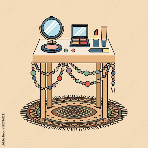 Vanity table with mirror makeup and garland on a rug illustration.