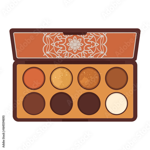 Open eyeshadow palette with eight round pans in various brown and gold shades.