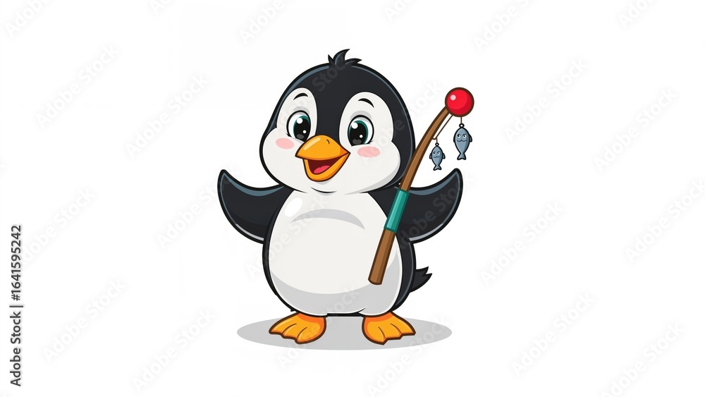 Fototapeta premium Charming animal cartoon featuring a penguin with fishing gear on a plain background.
