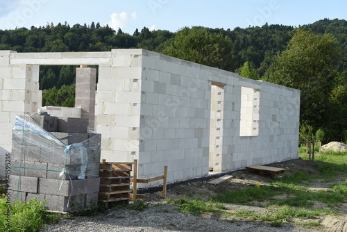 Walls of a modern house under construction, made of aerated concrete blocks, Poland.