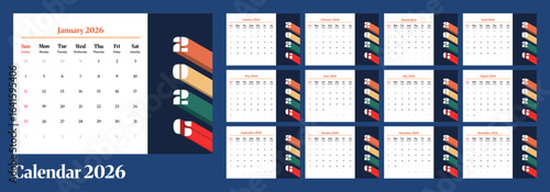 Template of 2026 English desk calendar.week start on Sunday and Sunday as weekend.2026 desk calender with retro design on A4 format size. Landscape orientation.