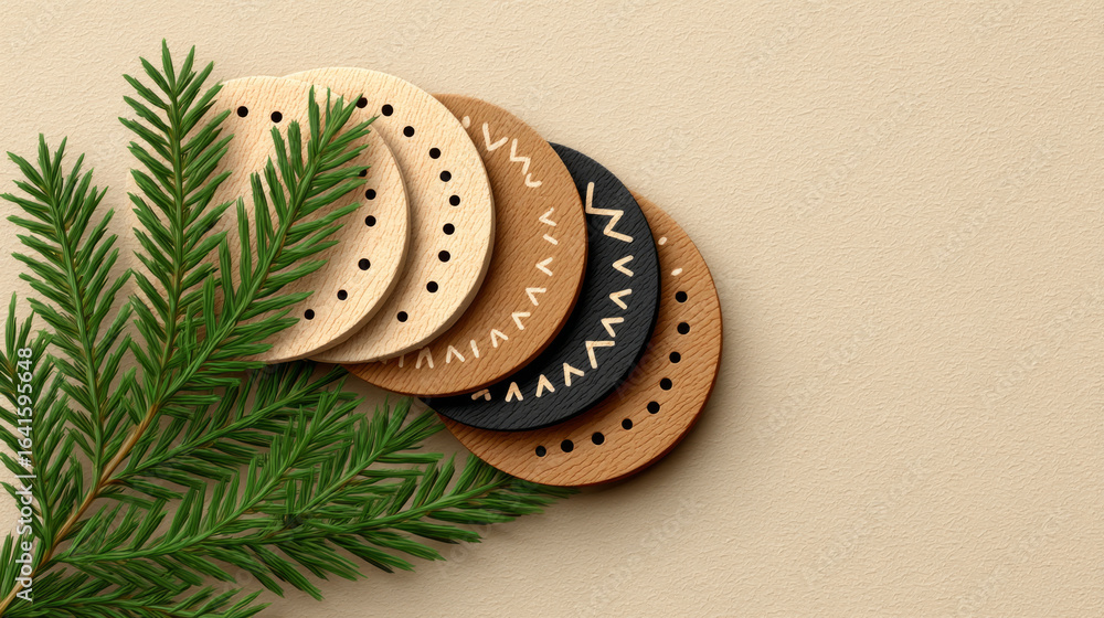Fototapeta premium Handmade wooden coasters with geometric patterns on textured surface