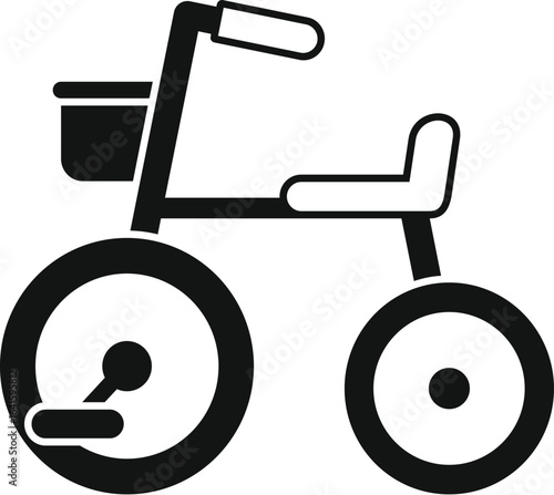 Side view of a tricycle designed for young children, featuring a basket, handlebars, pedals, seat, and three wheels