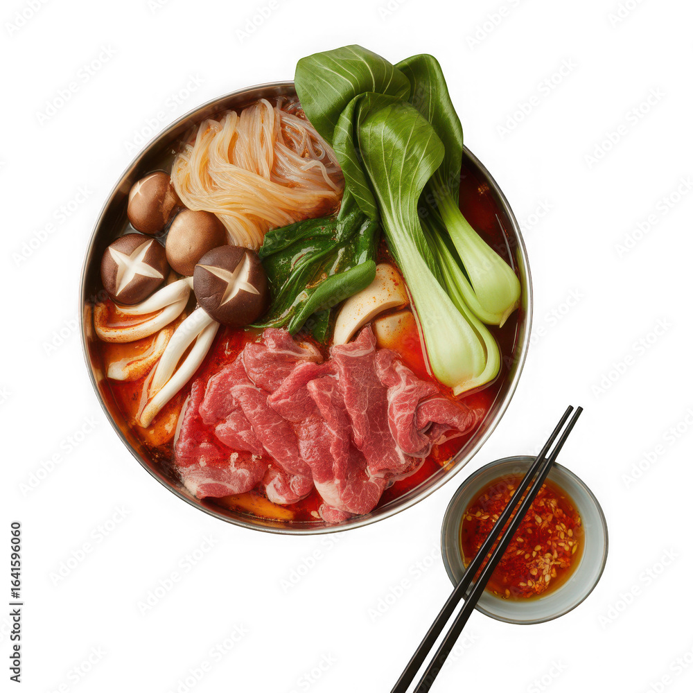 Hot pot ingredients with spicy broth Isolated on white and transparent background Hot pot ingredients with spicy broth Isolated on white and transparent background