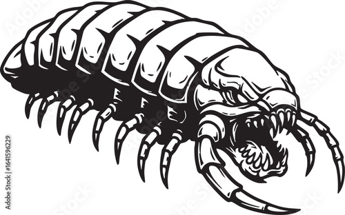 A menacing black and white illustration of a monstrous centipede with sharp fangs and an aggressive look.