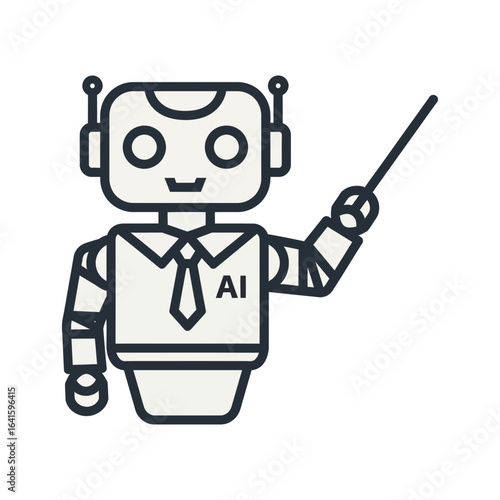 Cartoon robot wearing shirt and tie holding a pointer with the letters AI.