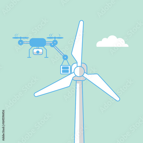 Drone inspecting a wind turbine with three blades near a cloud.