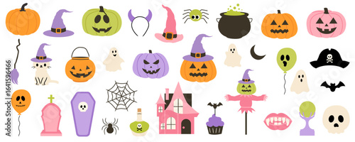 Hand drawn Halloween illustrations. Pumpkin, witch hat, cauldron, haunted house, ghost, tombstone. Cute festive doodles for invitations, greeting cards, posters, stickers, seasonal designs.
